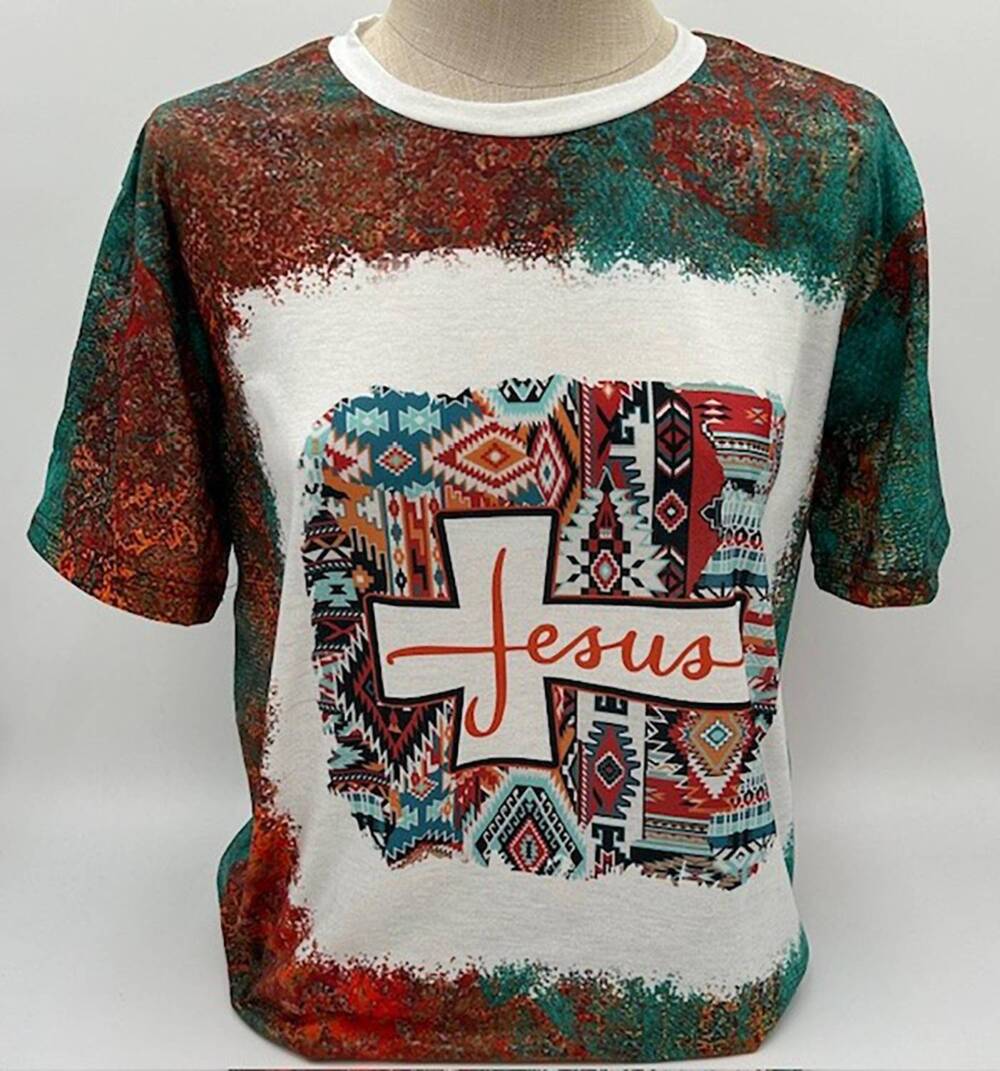 NEW LEGEND OR LIES women's roots jesus aztec fashion tee in teal/rust